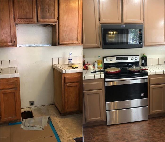 Kitchen before and after a fire damage